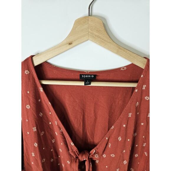 Torrid Jersey V-Neck Relaxed Tie Front Crop Top Terracota Bossa Nova 1X - Picture 5 of 8